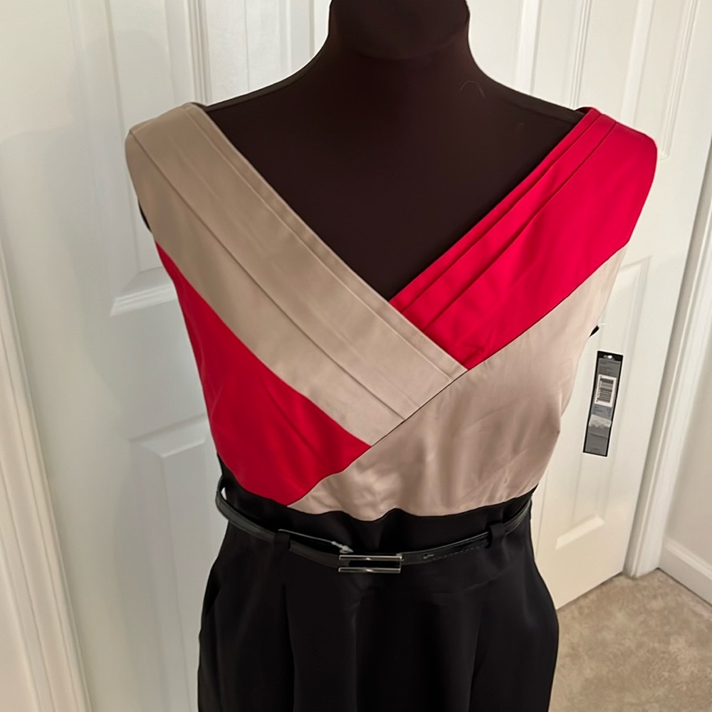 Tahari ASL Colorblock V-Neck Dress in Red, Beige, and Black